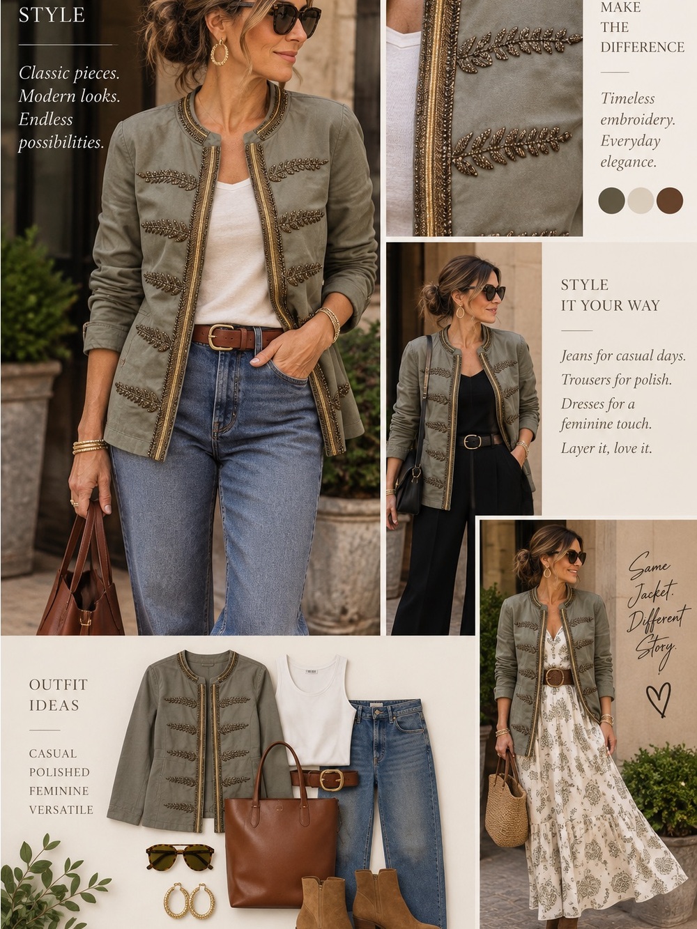 Chico's Olive Green Embroidered Military Blazer